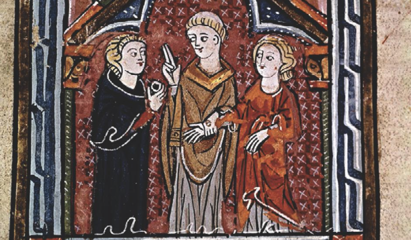 Tirée du recueil de lois du Codex Justinianus, cette scène illustre un mariage religieux tel qu'il est imposé par l'Église à la société depuis 1181. Manuscrit du XIIIe siècle.
